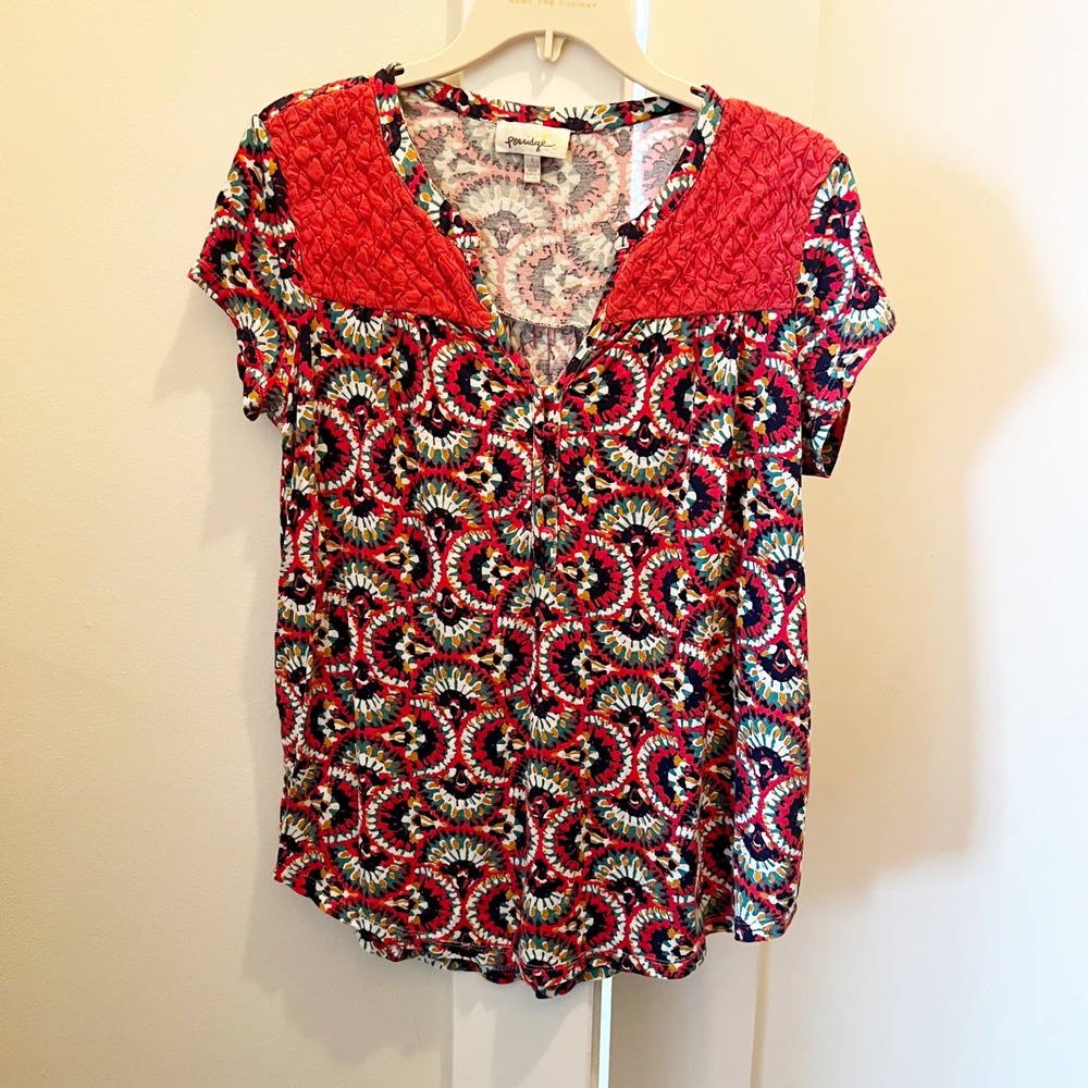 Porridge Belmar Top‎ Small Red Multicolor Rayon Spandex Cotton Artsy Colorful